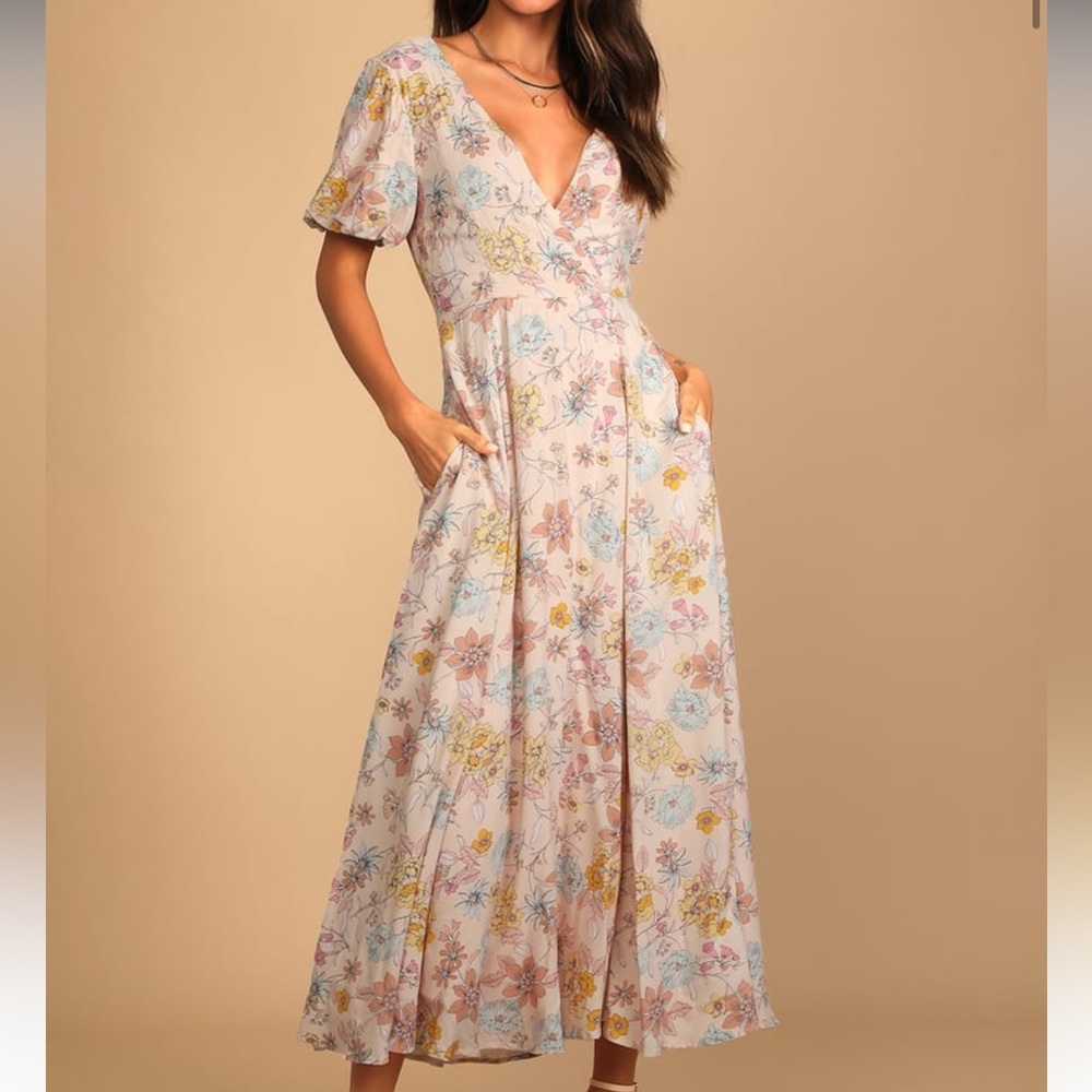 Lulu's Pastel Floral Midi Dress in Cream, Pink, Blue & Yellow